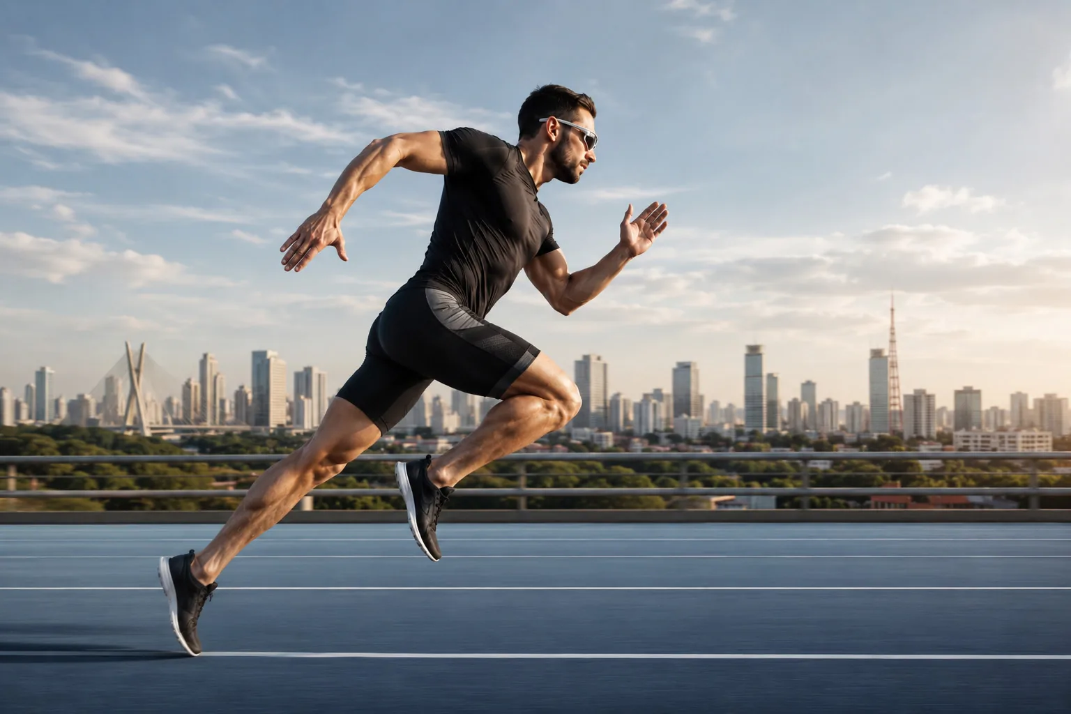 Atleta correndo em pista com o skyline de São Paulo ao fundo